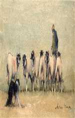Paintings of sheep with farmer and dog