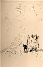 Pencil drawing of horse and hay cart